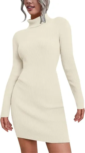 Sweater Dress for Women 2024 Trendy, Turtleneck Long Sleeve Ribbed Knit Bodycon Mini Dress Slim Fit Short Dress