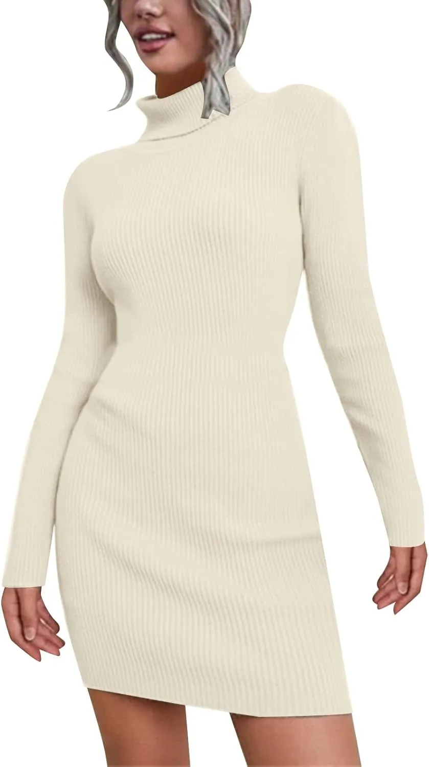 Sweater Dress for Women 2024 Trendy, Turtleneck Long Sleeve Ribbed Knit Bodycon Mini Dress Slim Fit Short Dress