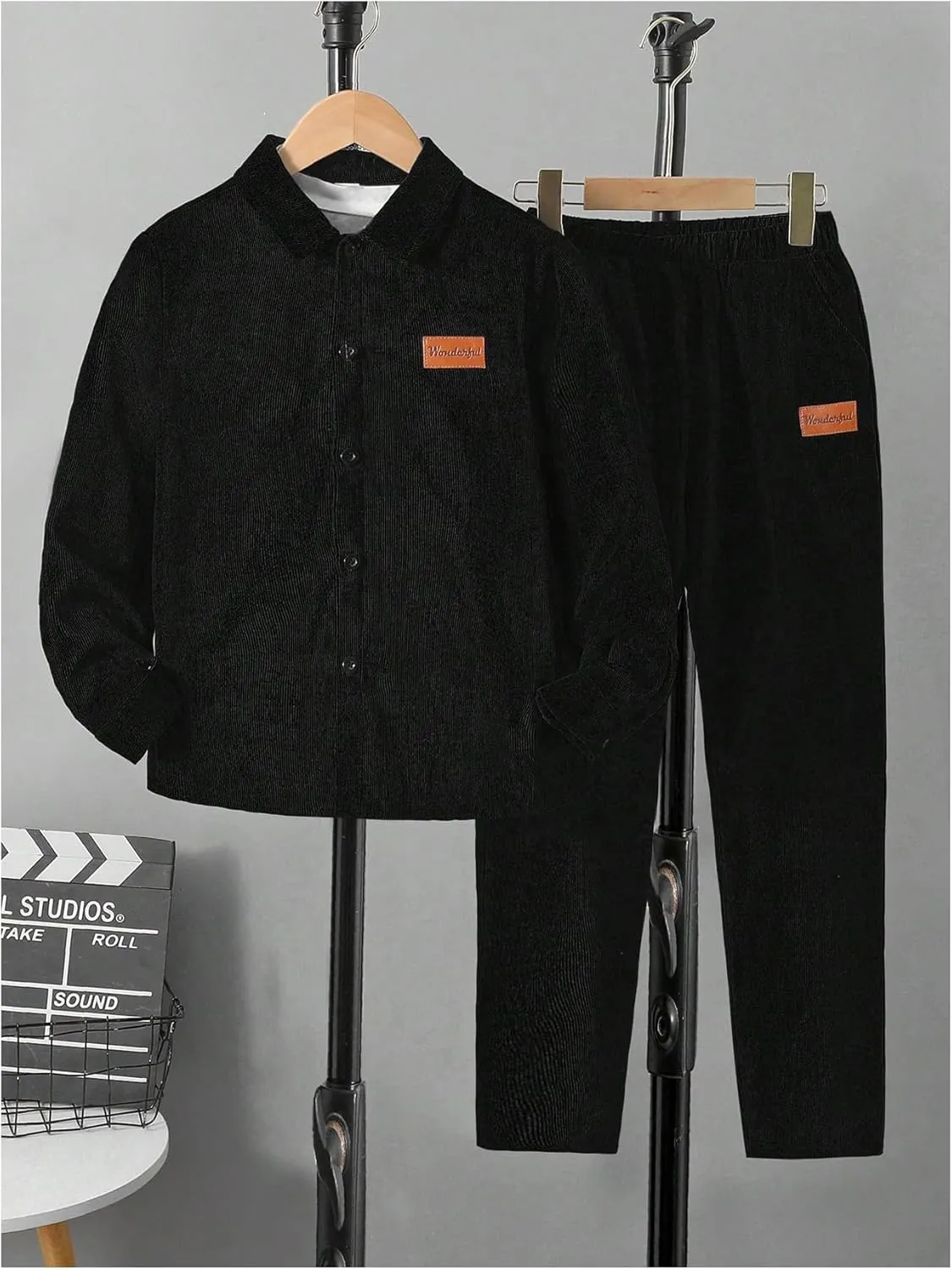 SweatyRocks Boy's 2 Piece Outfits Long Sleeve Button Down Corduroy Jackets and Pants Set