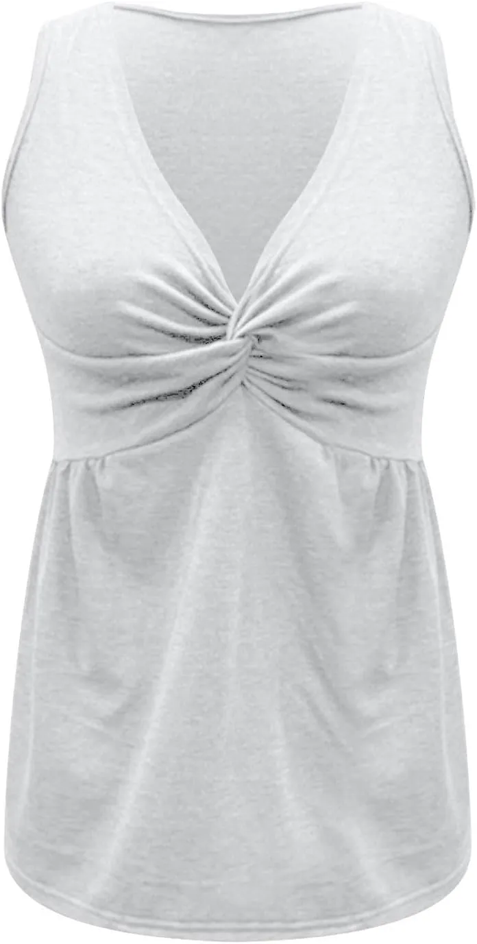 Tank Tops for Women Twist Front Deep V Neck Sleeveless Peplum Solid Color Slim Fit Casual Elegant Summer Vacation