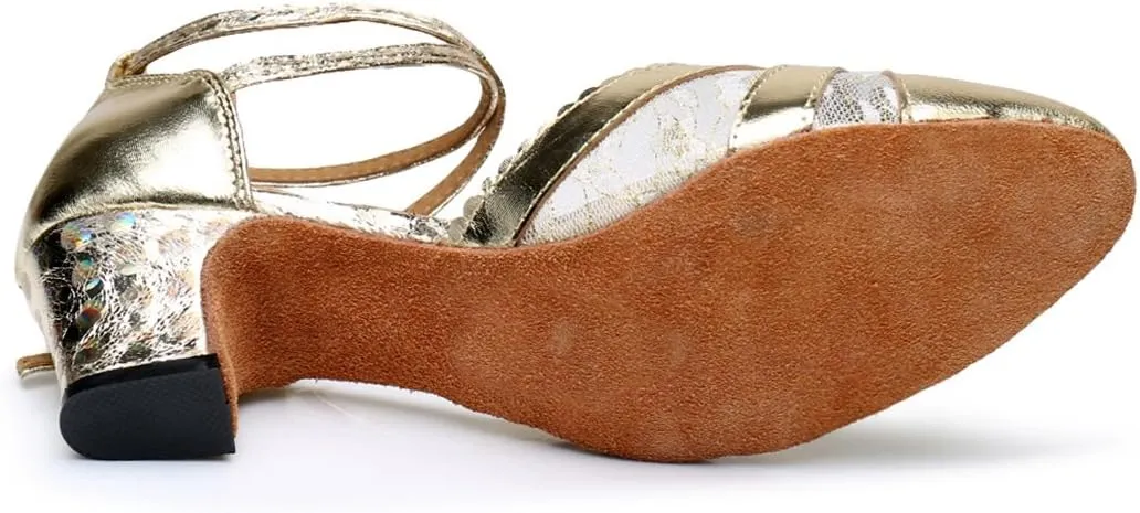 TDA Women's Ankle Strap PU Leather Lace Mesh Tango Ballroom Wedding Modern Latin Dance Shoes