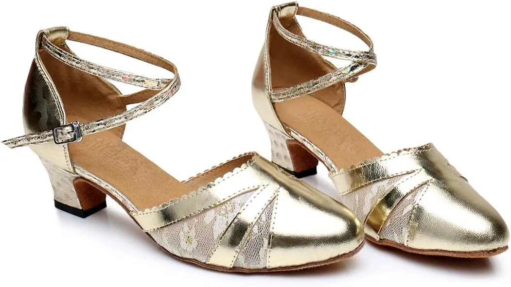 TDA Women's Ankle Strap PU Leather Lace Mesh Tango Ballroom Wedding Modern Latin Dance Shoes