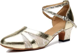 TDA Women's Ankle Strap PU Leather Lace Mesh Tango Ballroom Wedding Modern Latin Dance Shoes