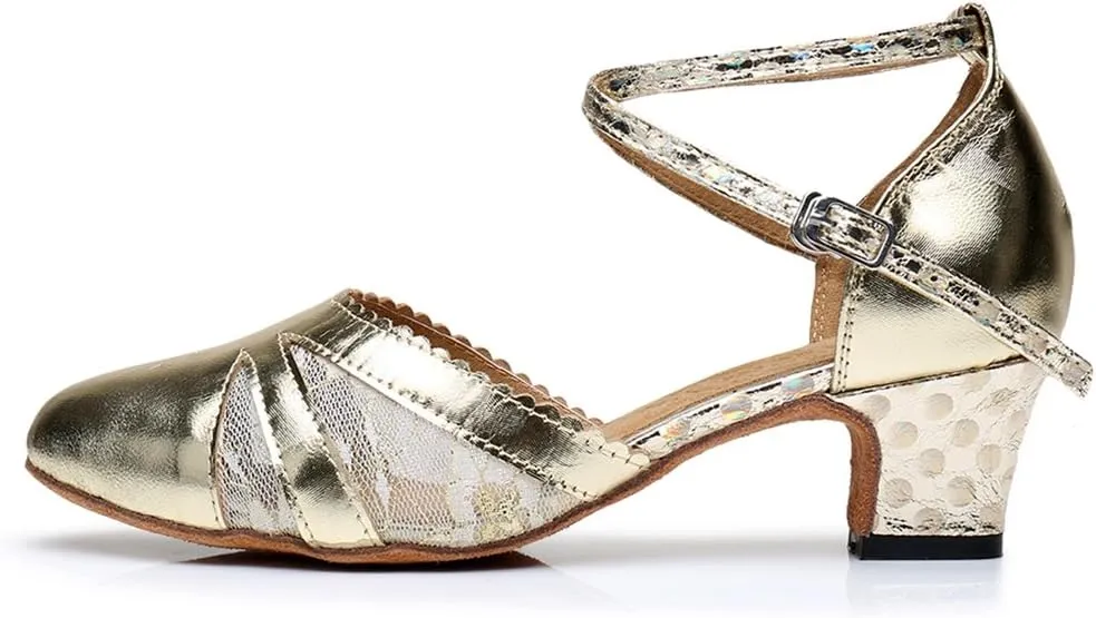 TDA Women's Ankle Strap PU Leather Lace Mesh Tango Ballroom Wedding Modern Latin Dance Shoes