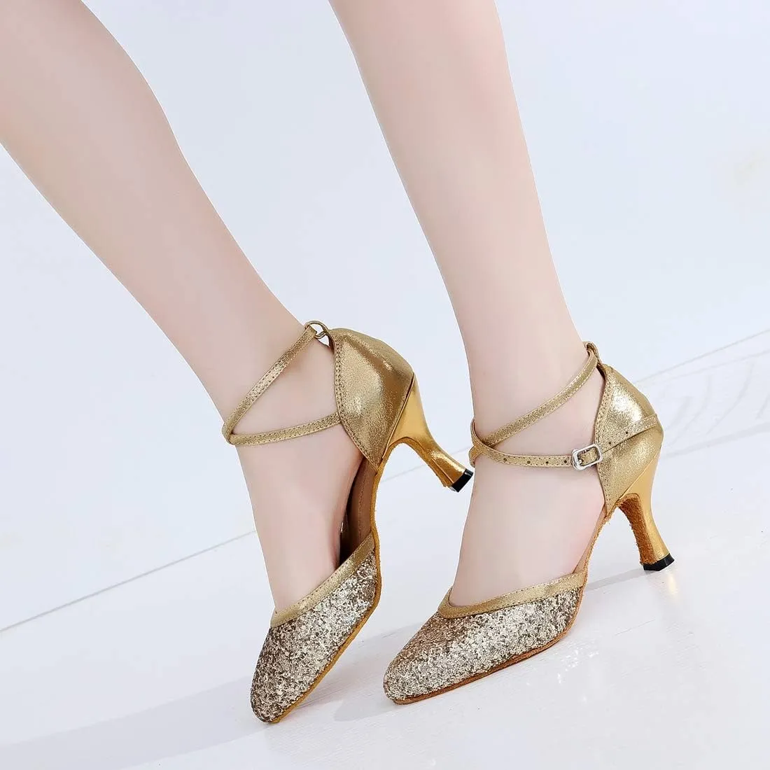 TDA Women's Cross Strap Flared Heel Glitter Sequins Social Tango Ballroom Modern Latin Dance Shoes