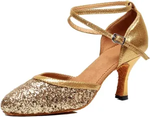 TDA Women's Cross Strap Flared Heel Glitter Sequins Social Tango Ballroom Modern Latin Dance Shoes