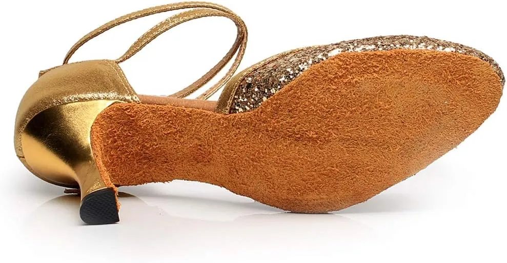 TDA Women's Cross Strap Flared Heel Glitter Sequins Social Tango Ballroom Modern Latin Dance Shoes