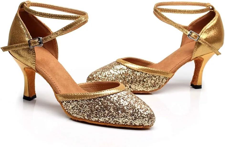 TDA Women's Cross Strap Flared Heel Glitter Sequins Social Tango Ballroom Modern Latin Dance Shoes
