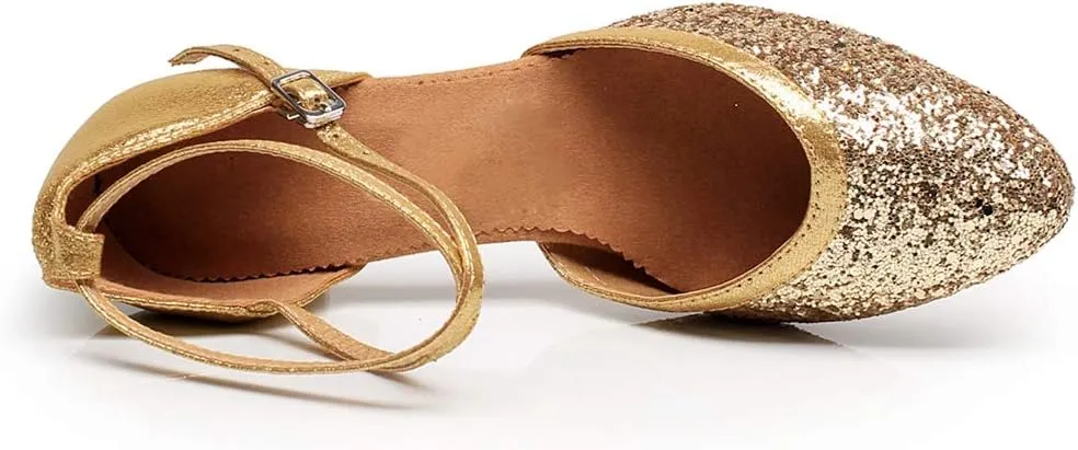 TDA Women's Cross Strap Flared Heel Glitter Sequins Social Tango Ballroom Modern Latin Dance Shoes