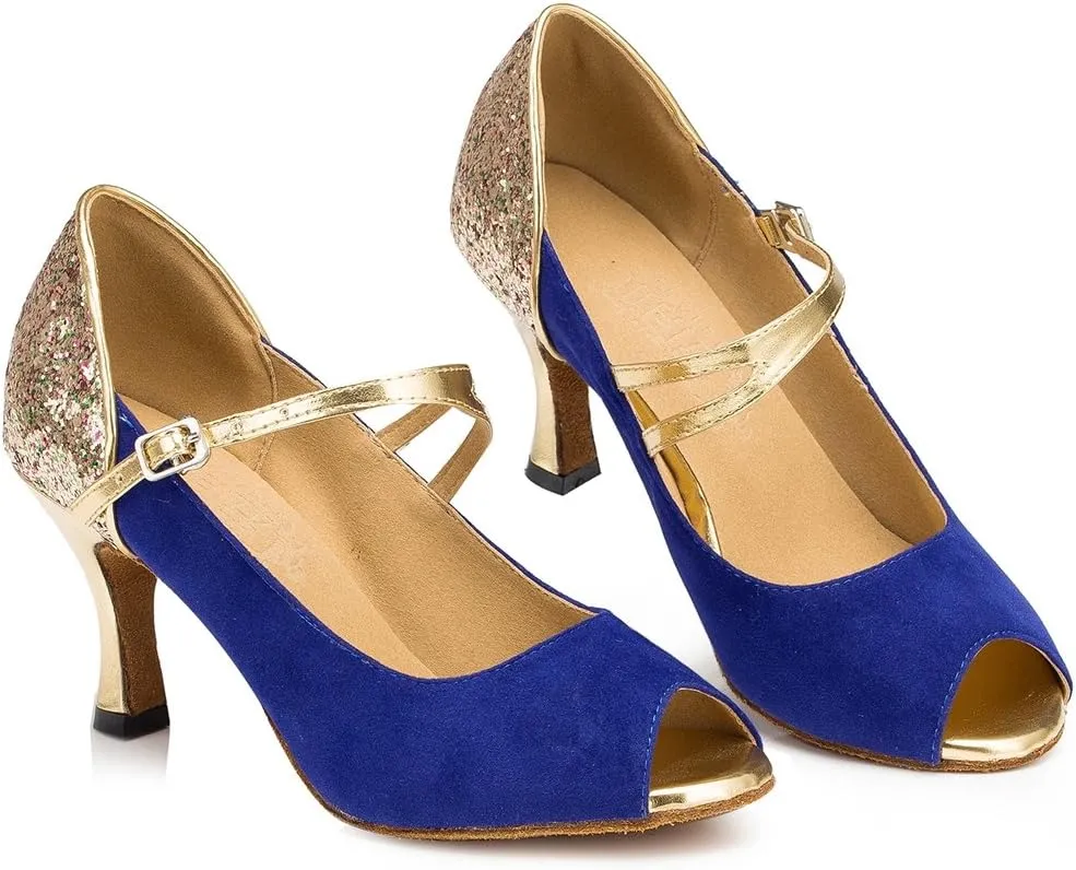 TDA Womens Peep Toe Mary Janes Suede Latin Modern Salsa Tango Ballroom Wedding Dance Shoes