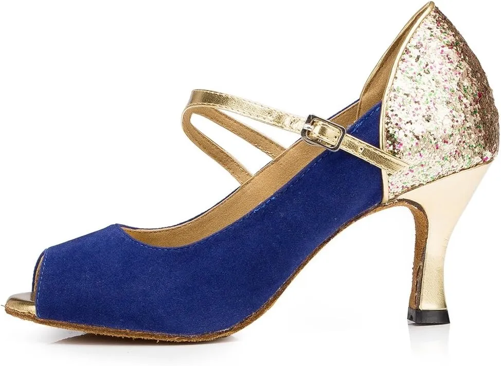 TDA Womens Peep Toe Mary Janes Suede Latin Modern Salsa Tango Ballroom Wedding Dance Shoes