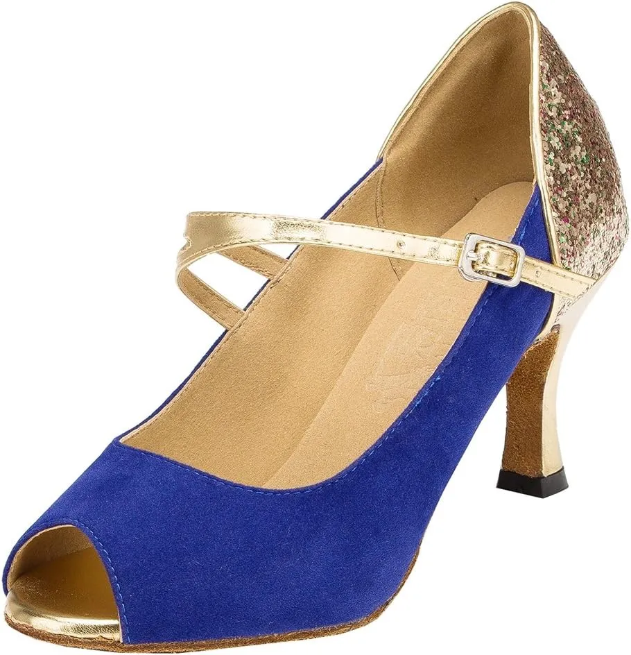 TDA Womens Peep Toe Mary Janes Suede Latin Modern Salsa Tango Ballroom Wedding Dance Shoes