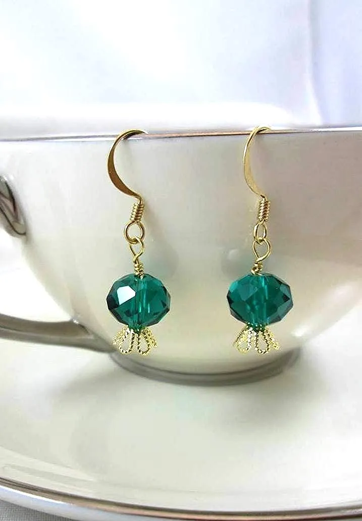 Teal Blue Crystal Dangle Earrings, Dainty Cut-Out Gold Bead Cap Earrings, Hypoallergenic Nickel Free Regular Fishhook Ear Wires, Jewelry Inspirations