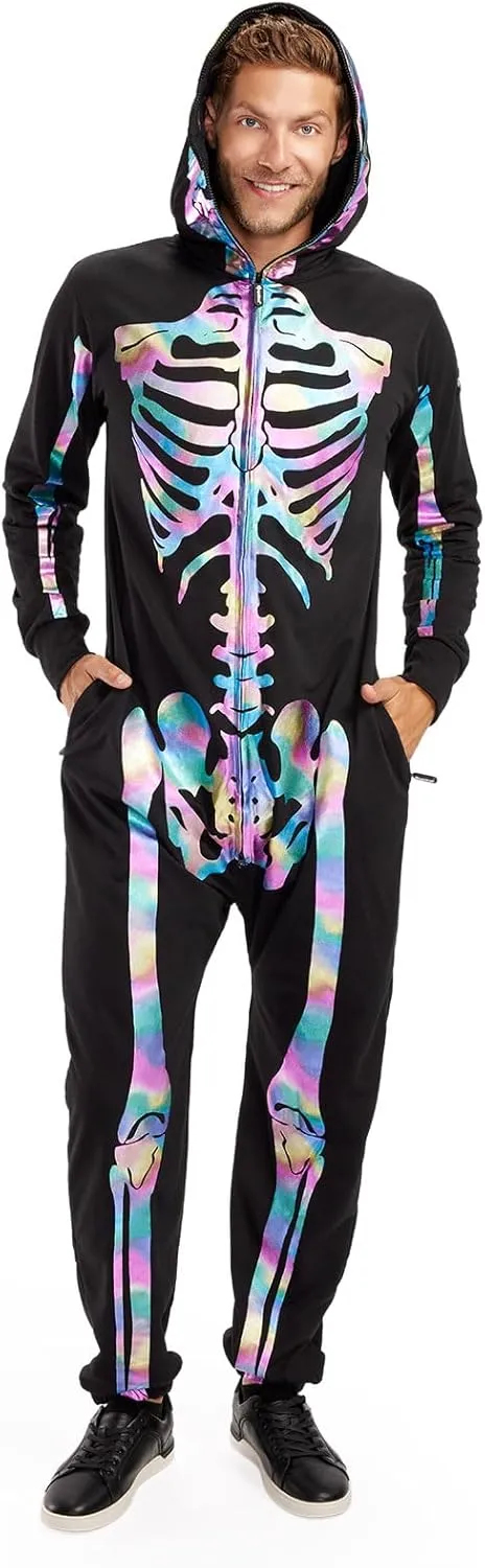Tipsy Elves Halloween Skeleton Costume for Men - Comfy Easy Adult Onesie Jumpsuit - Front and Back Print with Zip Up Mask