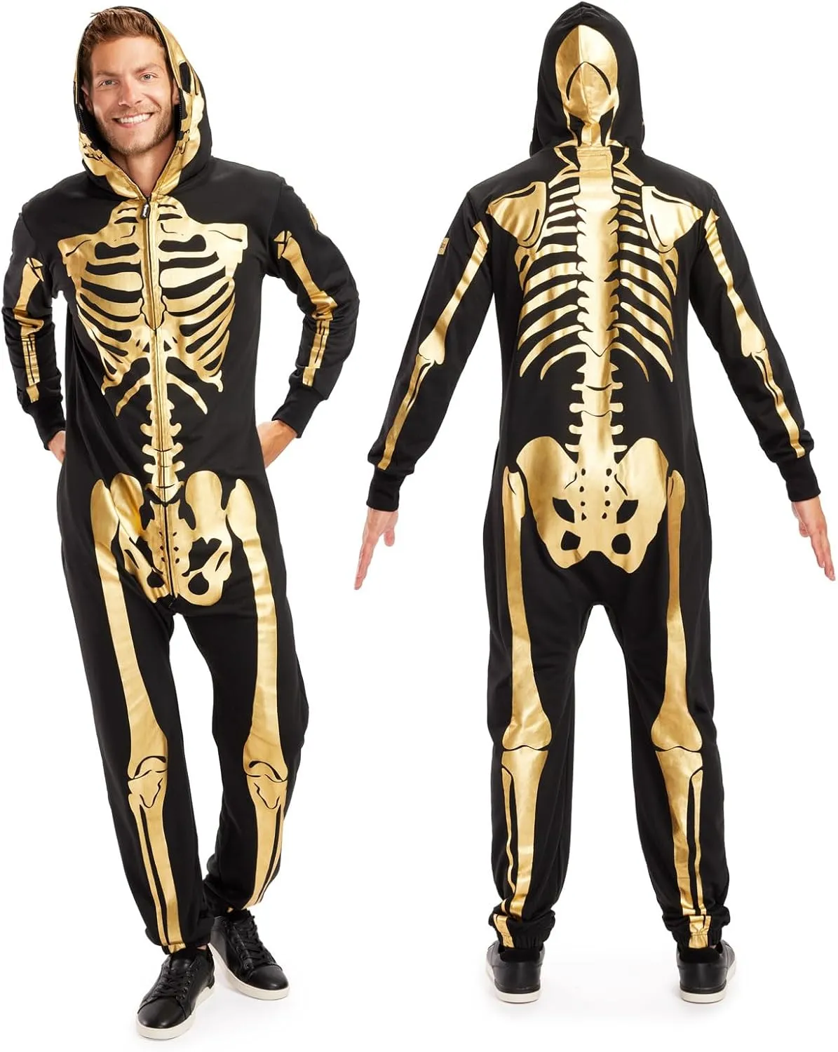 Tipsy Elves Halloween Skeleton Costume for Men - Comfy Easy Adult Onesie Jumpsuit - Front and Back Print with Zip Up Mask
