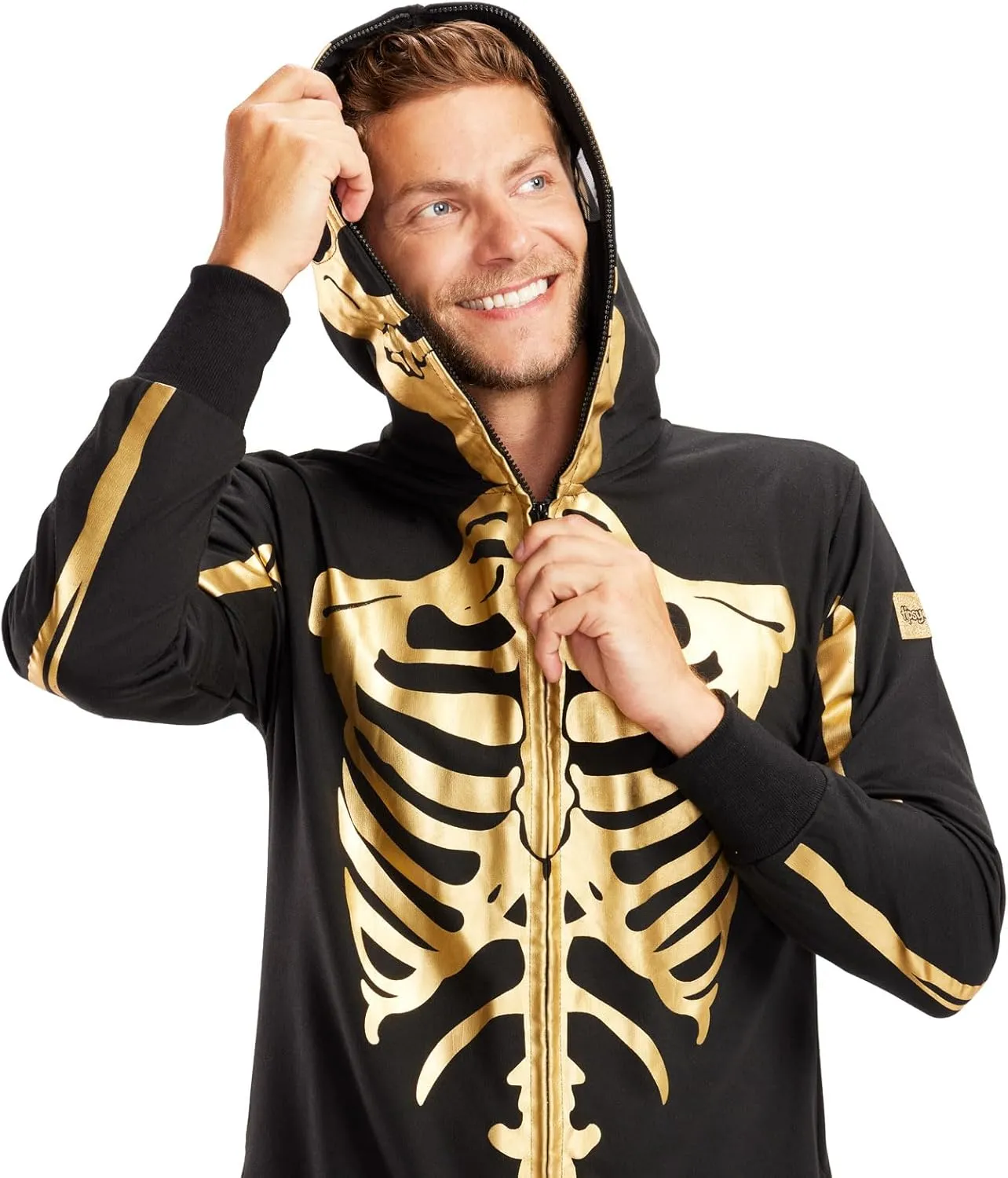 Tipsy Elves Halloween Skeleton Costume for Men - Comfy Easy Adult Onesie Jumpsuit - Front and Back Print with Zip Up Mask