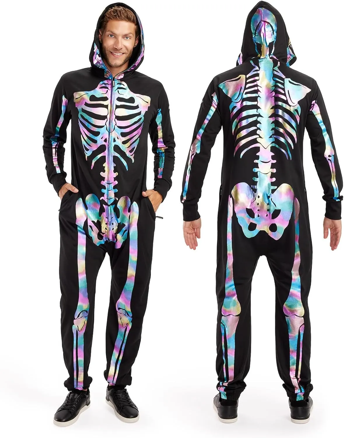 Tipsy Elves Halloween Skeleton Costume for Men - Comfy Easy Adult Onesie Jumpsuit - Front and Back Print with Zip Up Mask