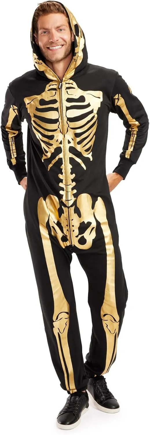 Tipsy Elves Halloween Skeleton Costume for Men - Comfy Easy Adult Onesie Jumpsuit - Front and Back Print with Zip Up Mask
