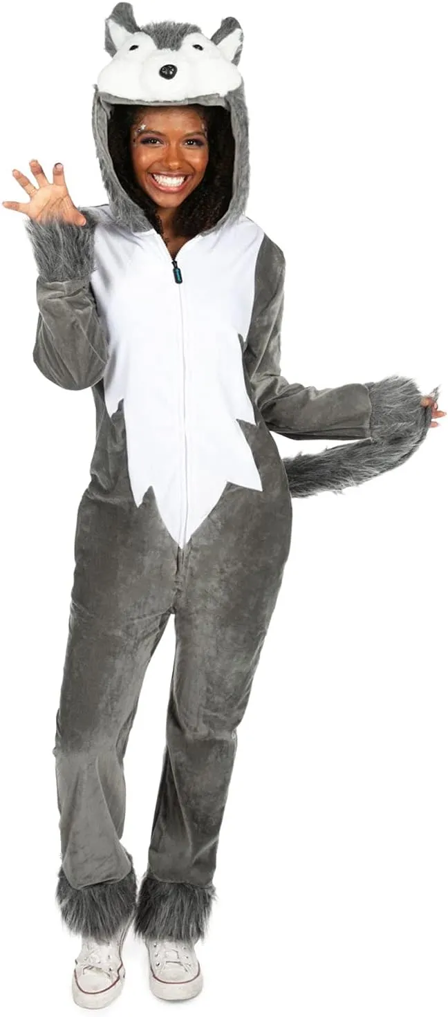 Tipsy Elves Womens Wolf Halloween Costume - Wild Animal Costumes for Women Adult Hooded Front Zipper Onesie Jumpsuits