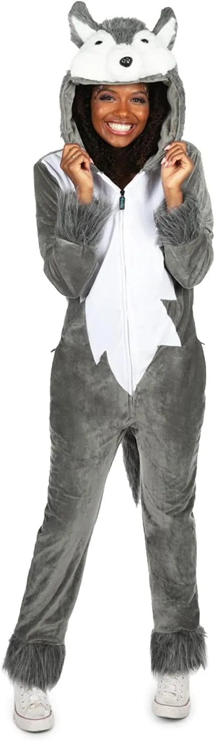 Tipsy Elves Womens Wolf Halloween Costume - Wild Animal Costumes for Women Adult Hooded Front Zipper Onesie Jumpsuits