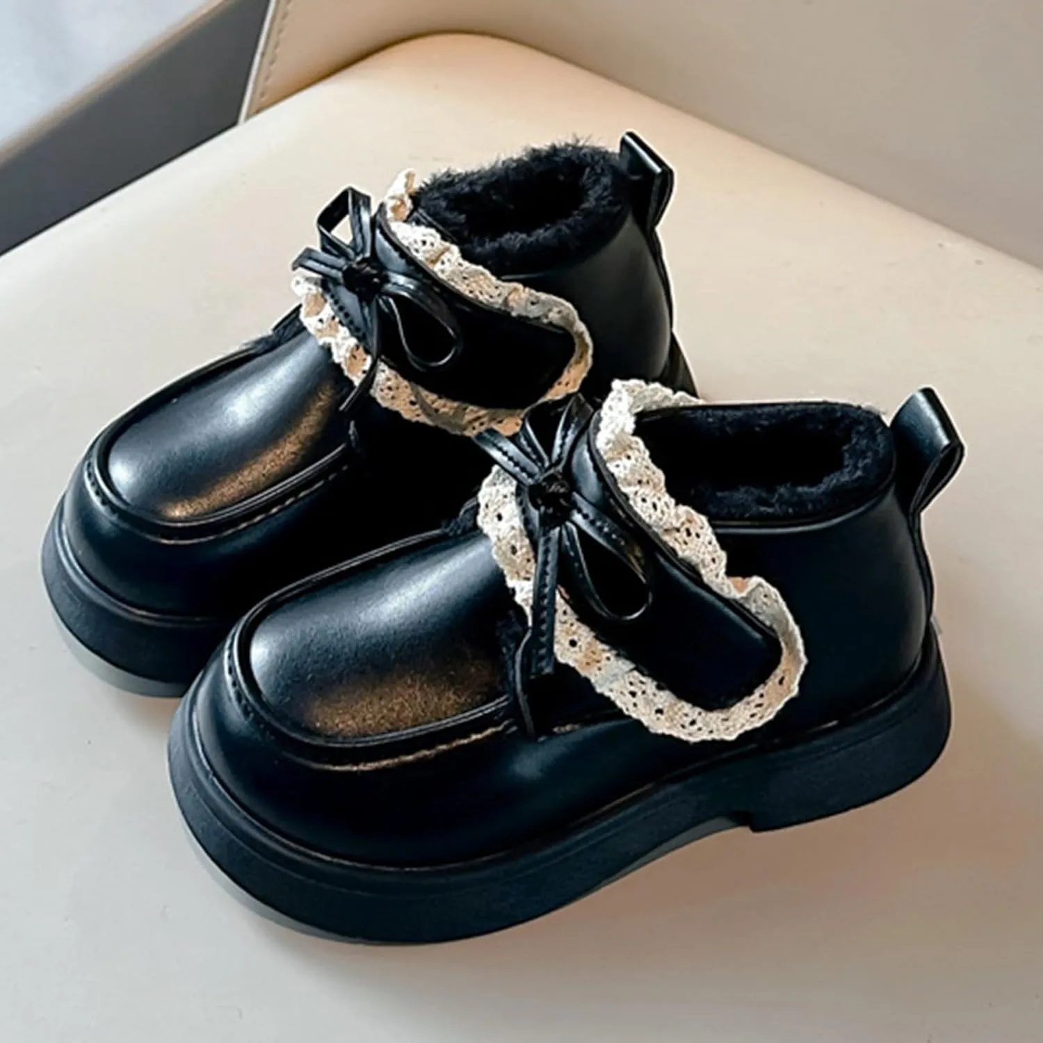 Toddler Boys Girls Dress Round Toe Shoes Kid PU Leather Fleece Lined Comfort Rubber Sole Oxford School Uniform Flat