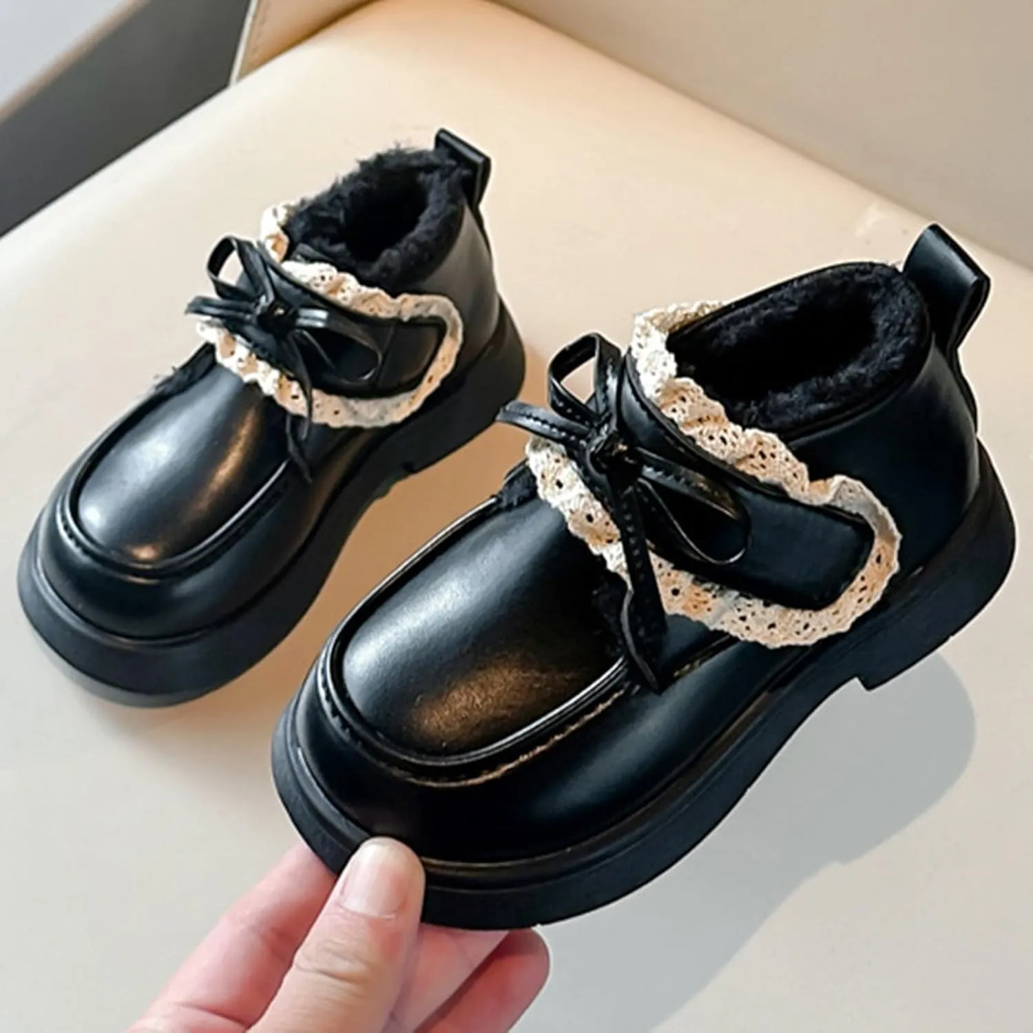 Toddler Boys Girls Dress Round Toe Shoes Kid PU Leather Fleece Lined Comfort Rubber Sole Oxford School Uniform Flat