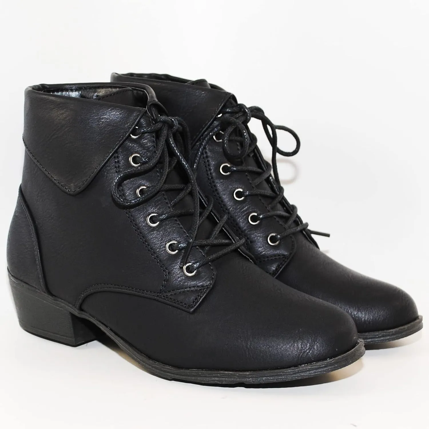 TOP Moda EC89 Women's Foldover Lace Up Low Chunky Heel Ankle Booties