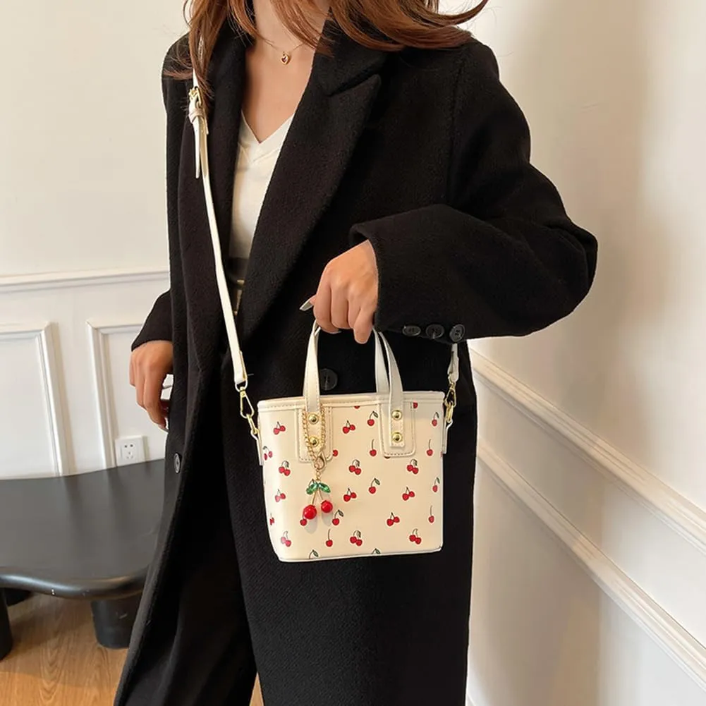 Tote Bag for Women PU Leather Cute Top Handle Crossbody Bags Casual Satchel Handbag with Metal Cherry Charm Purse