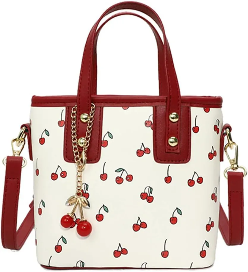 Tote Bag for Women PU Leather Cute Top Handle Crossbody Bags Casual Satchel Handbag with Metal Cherry Charm Purse