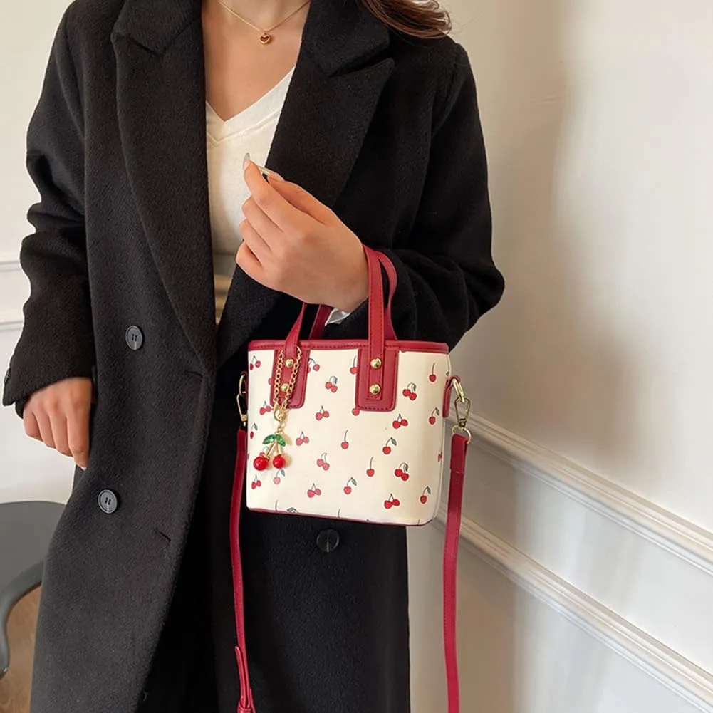 Tote Bag for Women PU Leather Cute Top Handle Crossbody Bags Casual Satchel Handbag with Metal Cherry Charm Purse
