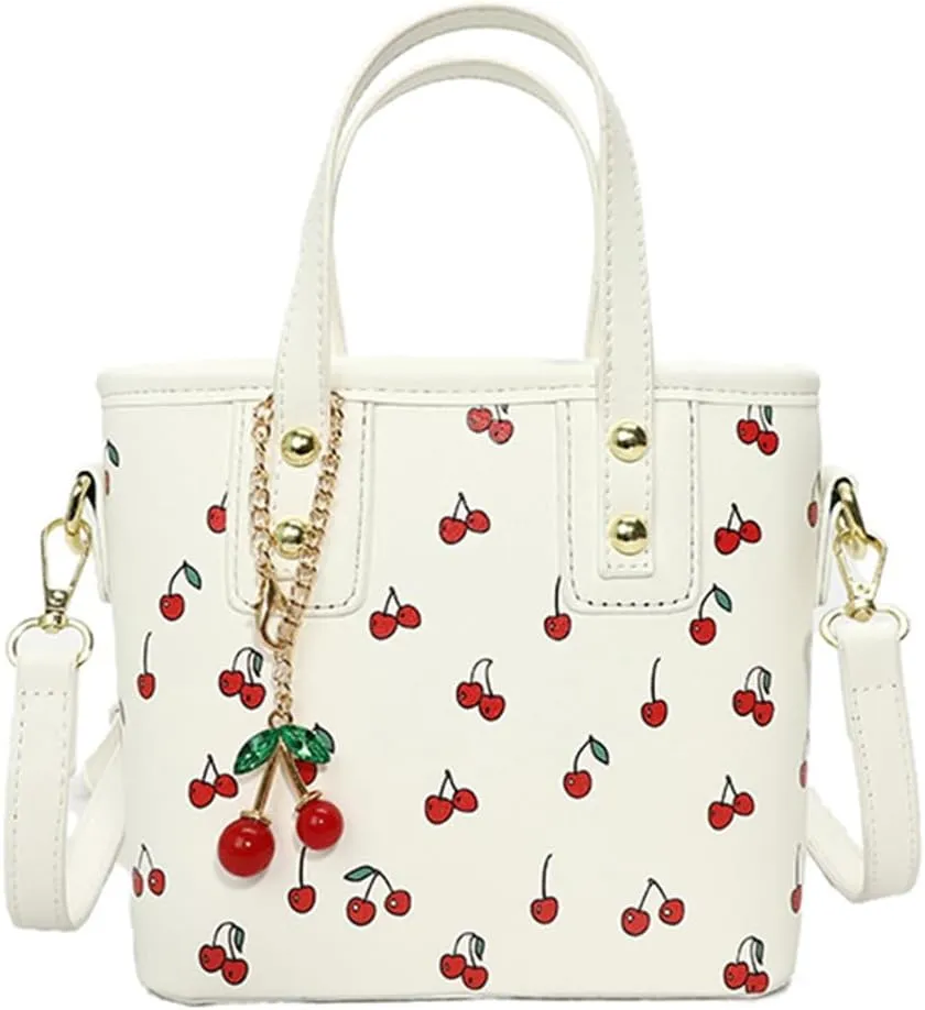 Tote Bag for Women PU Leather Cute Top Handle Crossbody Bags Casual Satchel Handbag with Metal Cherry Charm Purse