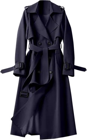 Trench Coat Women Long Double Breasted Jackets Classic Elegant Windproof Lapel Overcoat with Belt Fall Winter Outwear