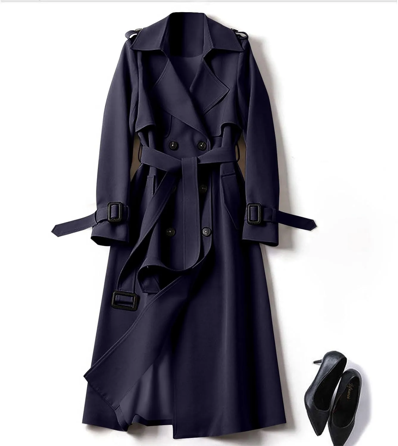 Trench Coat Women Long Double Breasted Jackets Classic Elegant Windproof Lapel Overcoat with Belt Fall Winter Outwear