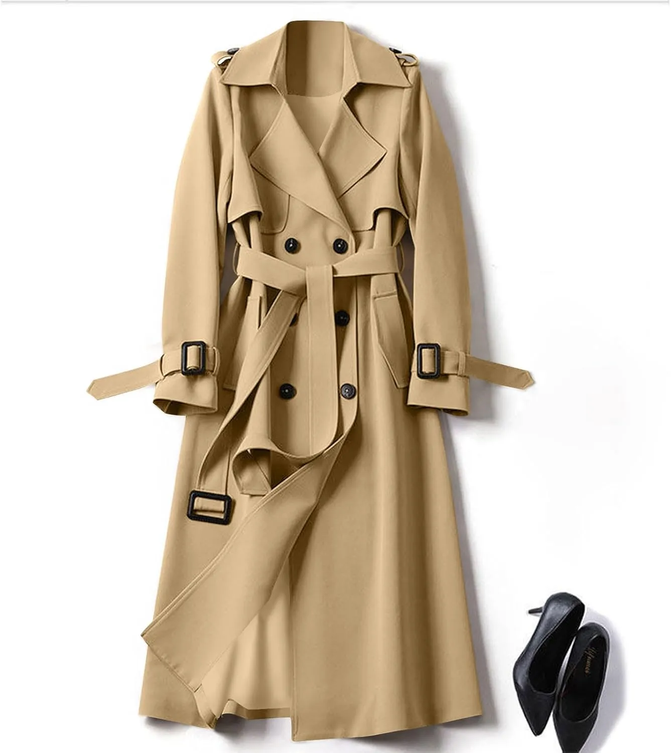 Trench Coat Women Long Double Breasted Jackets Classic Elegant Windproof Lapel Overcoat with Belt Fall Winter Outwear