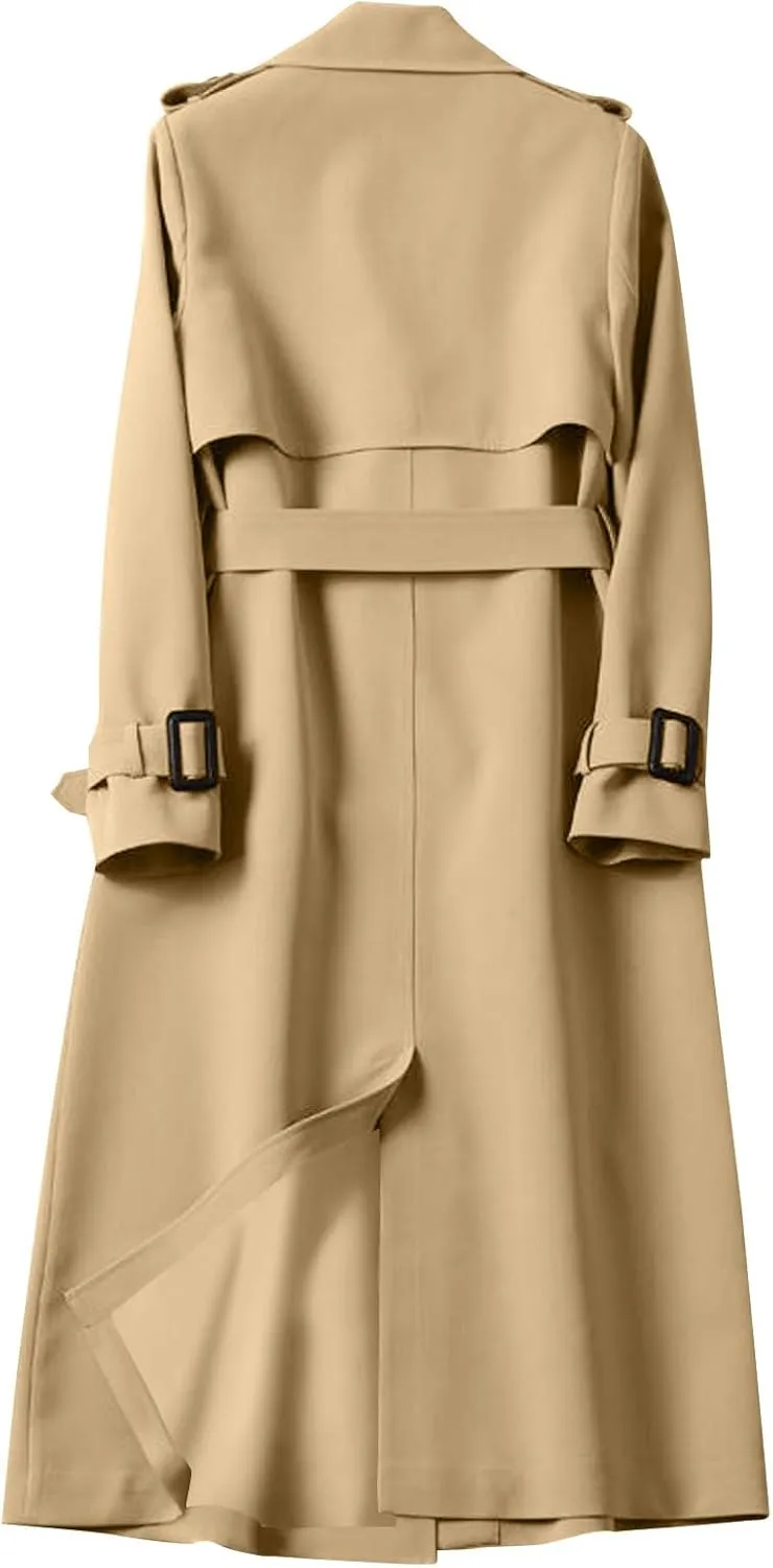 Trench Coat Women Long Double Breasted Jackets Classic Elegant Windproof Lapel Overcoat with Belt Fall Winter Outwear