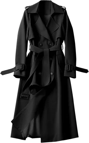 Trench Coat Women Long Double Breasted Jackets Classic Elegant Windproof Lapel Overcoat with Belt Fall Winter Outwear