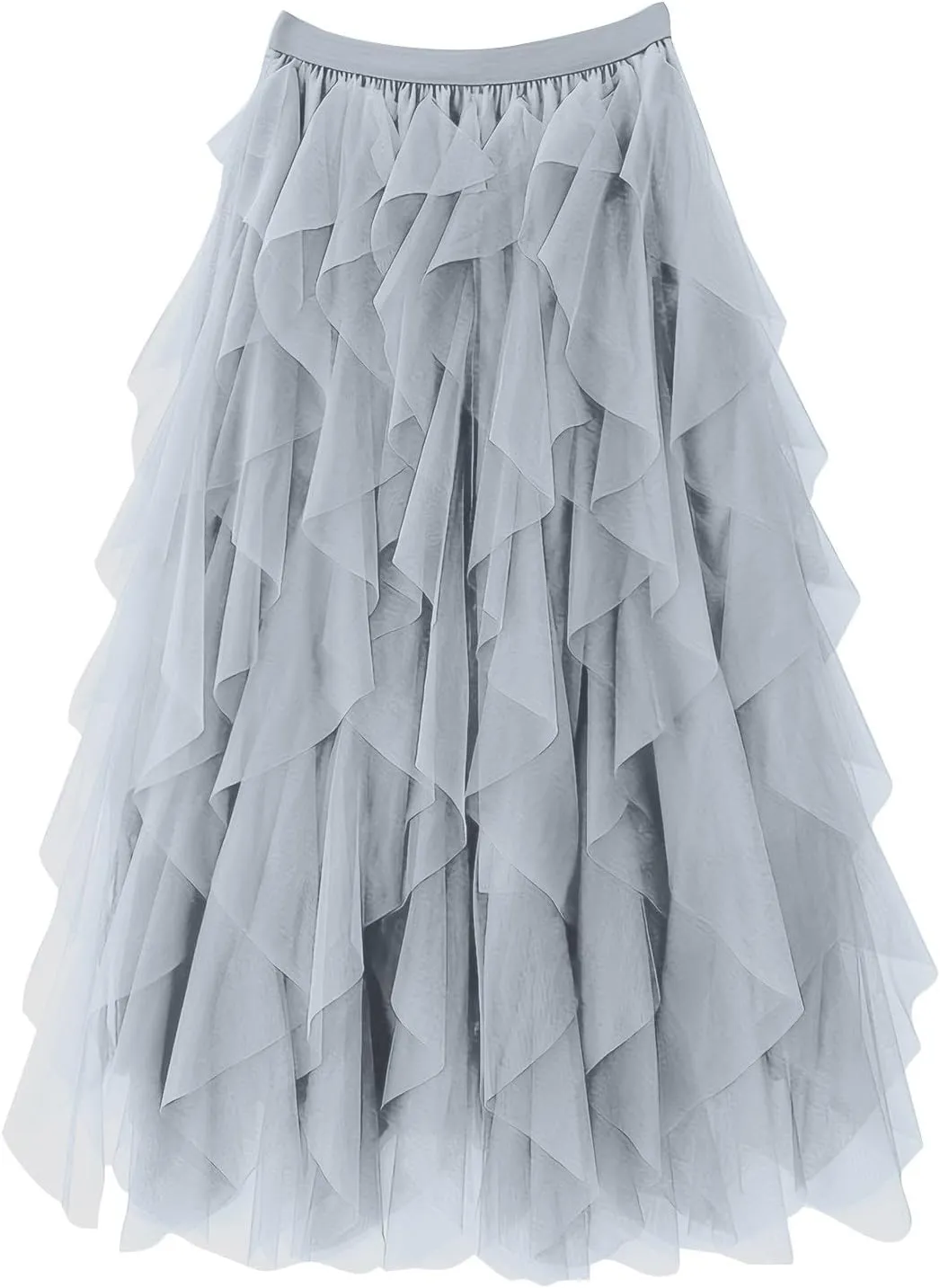 Tulle Skirts for Women Midi Long Fairy Tutu A-Line Mesh Layered High Elastic Waist Asymmetrical Pleated A Line Skirt