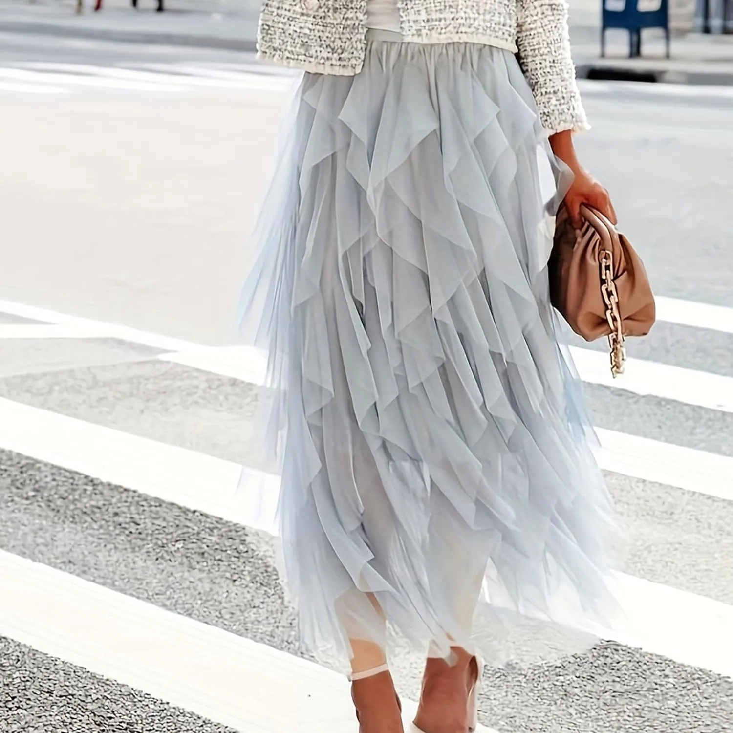 Tulle Skirts for Women Midi Long Fairy Tutu A-Line Mesh Layered High Elastic Waist Asymmetrical Pleated A Line Skirt