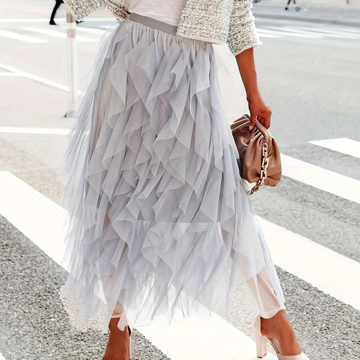 Tulle Skirts for Women Midi Long Fairy Tutu A-Line Mesh Layered High Elastic Waist Asymmetrical Pleated A Line Skirt