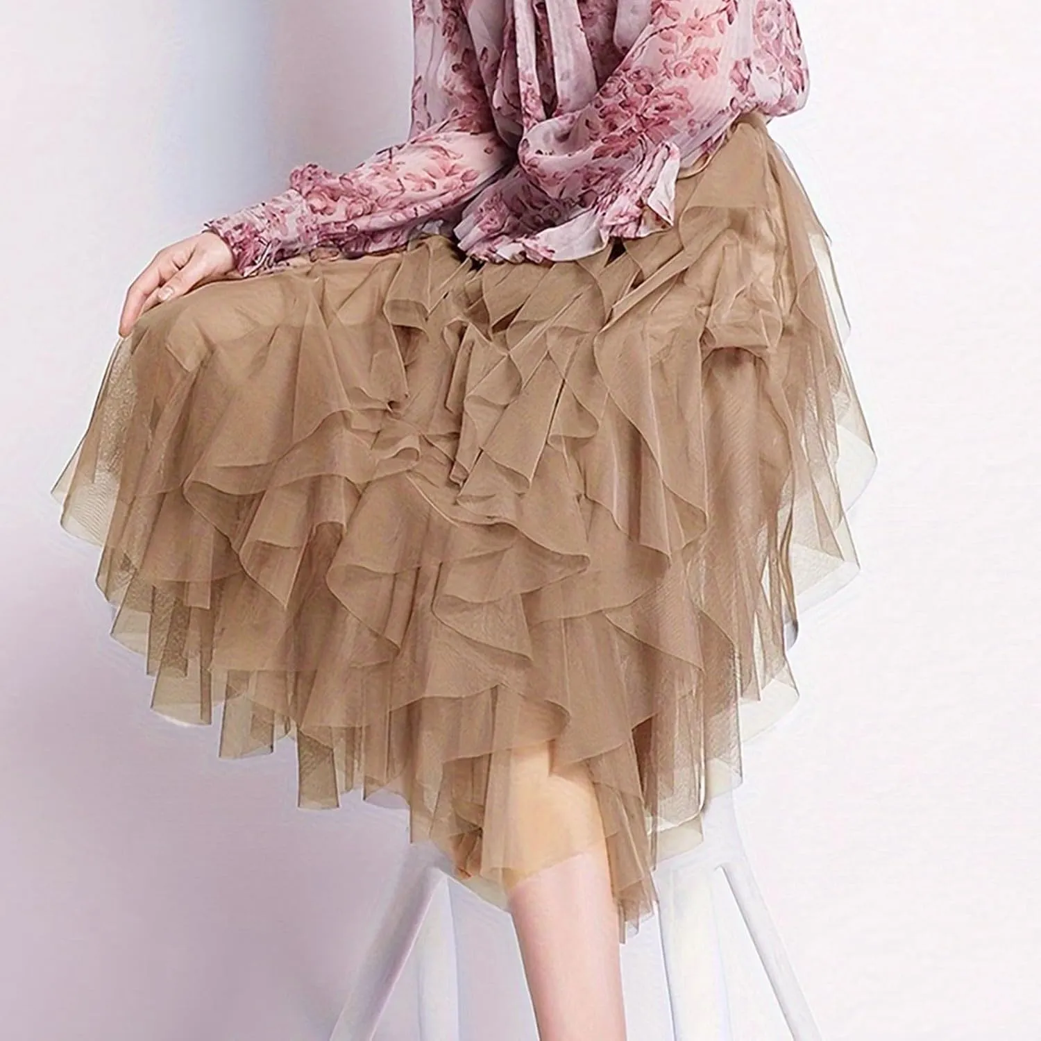 Tulle Skirts for Women Midi Long Fairy Tutu A-Line Mesh Layered High Elastic Waist Asymmetrical Pleated A Line Skirt