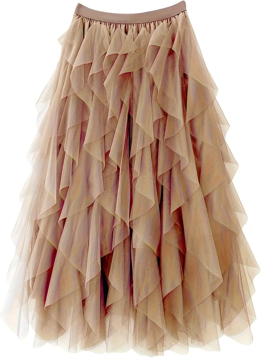 Tulle Skirts for Women Midi Long Fairy Tutu A-Line Mesh Layered High Elastic Waist Asymmetrical Pleated A Line Skirt