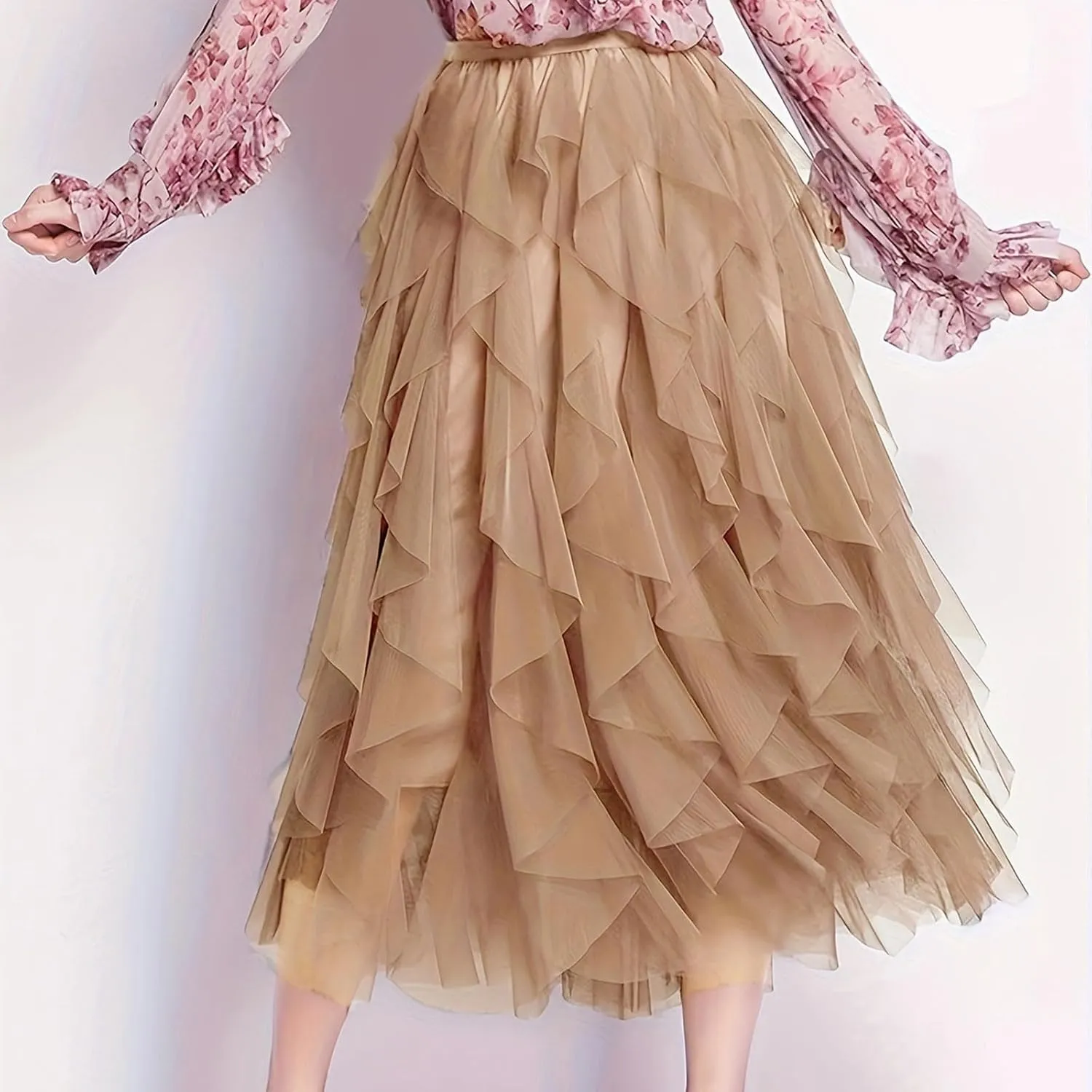 Tulle Skirts for Women Midi Long Fairy Tutu A-Line Mesh Layered High Elastic Waist Asymmetrical Pleated A Line Skirt