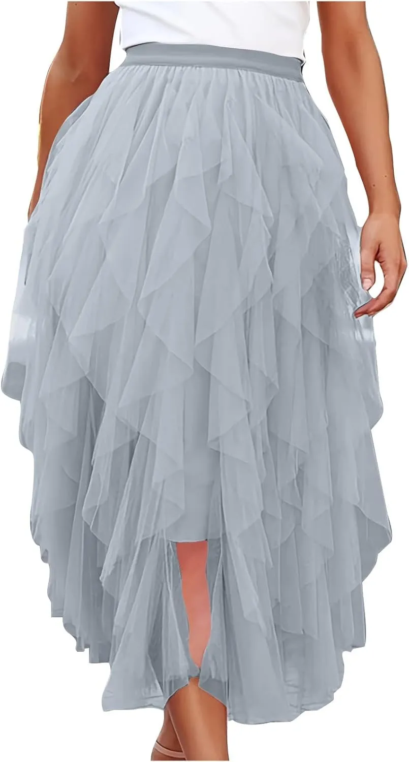 Tulle Skirts for Women Midi Long Fairy Tutu A-Line Mesh Layered High Elastic Waist Asymmetrical Pleated A Line Skirt