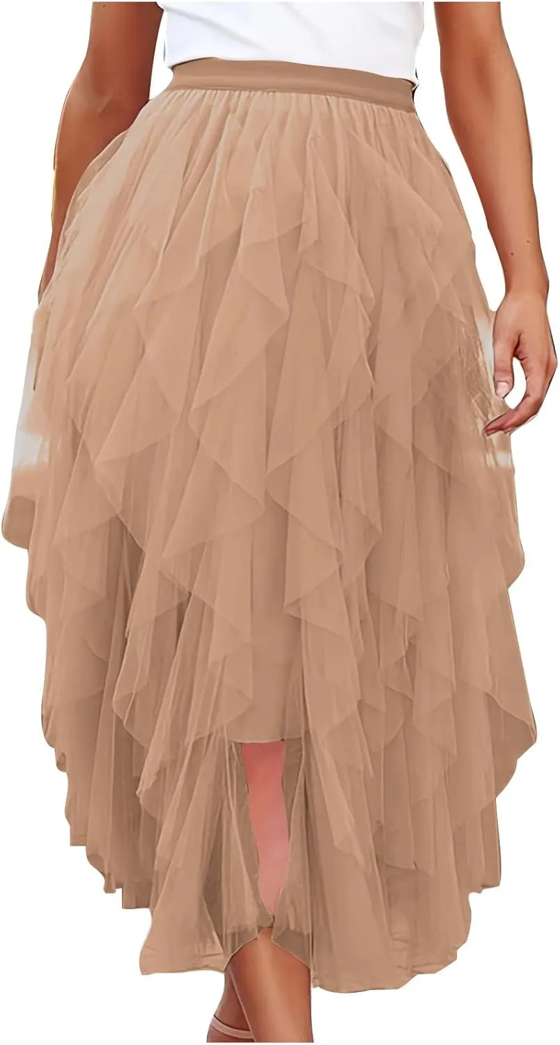 Tulle Skirts for Women Midi Long Fairy Tutu A-Line Mesh Layered High Elastic Waist Asymmetrical Pleated A Line Skirt