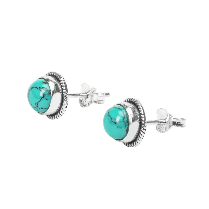 Turquoise Stone Stud Post Earrings, 925 Sterling Silver Gemstone Earring 6 MM Round Girls Women Gift