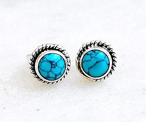 Turquoise Stone Stud Post Earrings, 925 Sterling Silver Gemstone Earring 6 MM Round Girls Women Gift