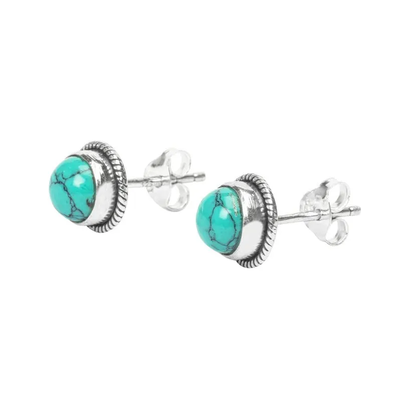 Turquoise Stone Stud Post Earrings, 925 Sterling Silver Gemstone Earring 6 MM Round Girls Women Gift