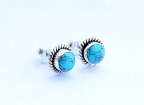 Turquoise Stone Stud Post Earrings, 925 Sterling Silver Gemstone Earring 6 MM Round Girls Women Gift
