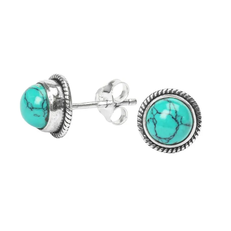 Turquoise Stone Stud Post Earrings, 925 Sterling Silver Gemstone Earring 6 MM Round Girls Women Gift