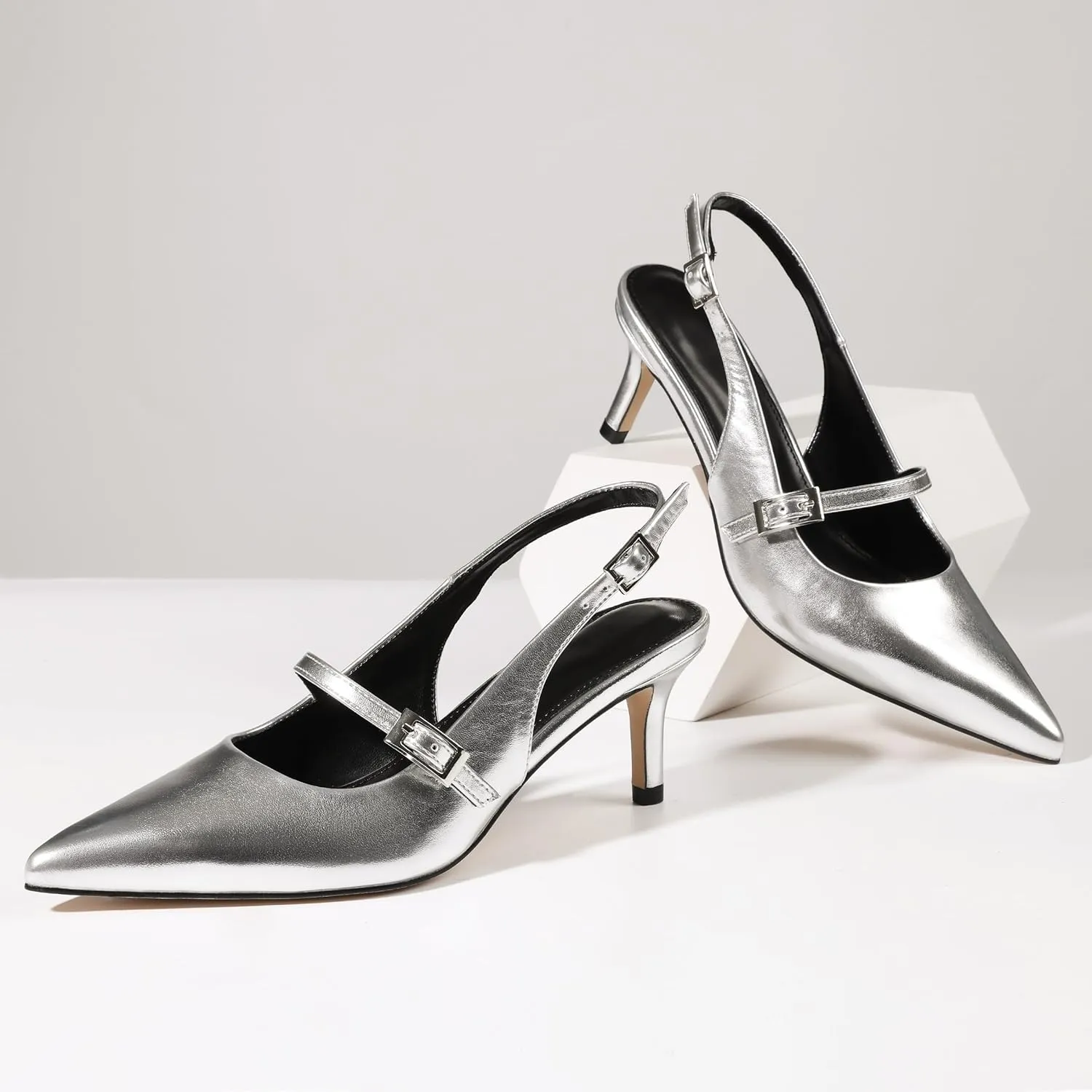 Uacllcau Slingback Kitten Heels for Women Pointed Toe Stiletto Heels Slip On Metallic Slingback Pumps Dress Work Bride Wedding Heeled Sandals Shoes